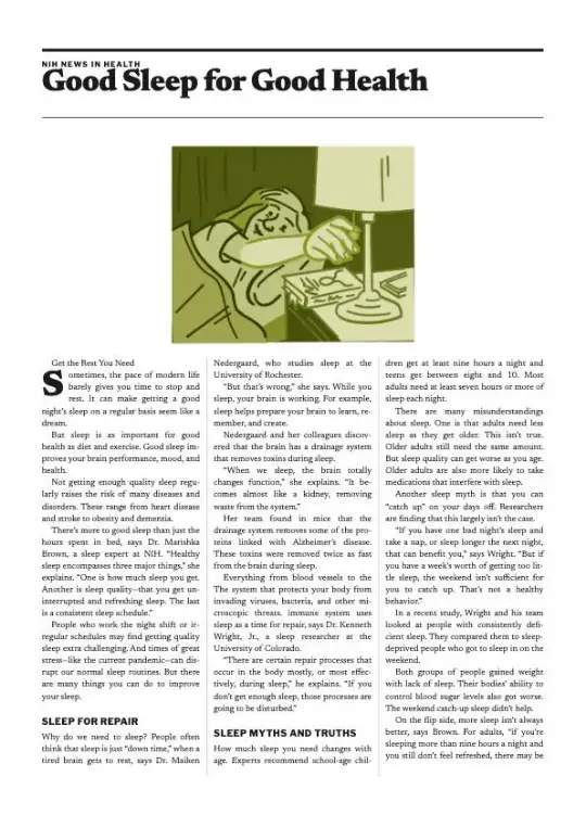 Page 1 of “Good Sleep for Good Health” in the Broadsheet design