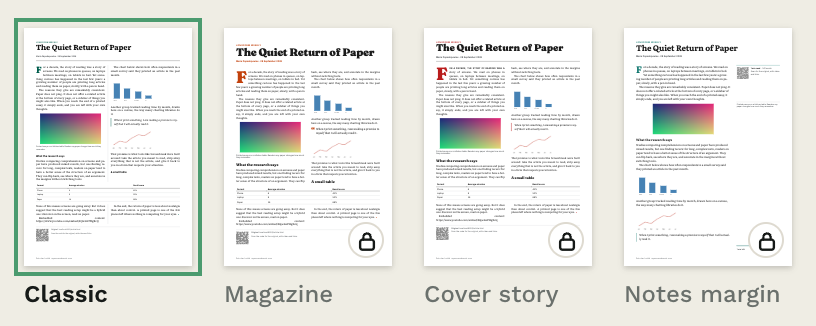 The extension's gallery of designs: Classic, Magazine, Cover story, Notes margin