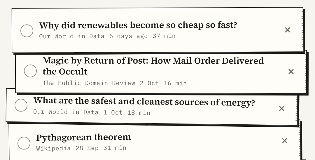 Saved articles in the Screenbreak app, stacked like paper strips
